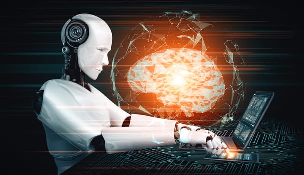 MLP 3d illustration Robot humanoid use laptop and sit at table in concept of AI thinking brain , artificial intelligence and machine learning process for the 4th fourth industrial revolution. 3D illustration.
