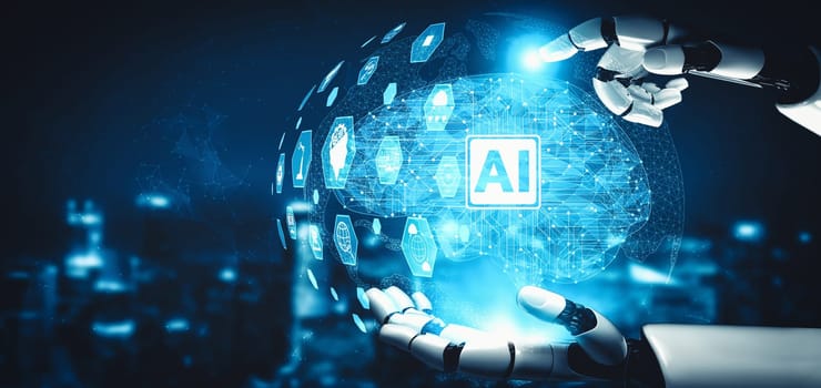 MLP 3D rendering artificial intelligence AI research of droid robot and cyborg development for future of people living. Digital data mining and machine learning technology design for computer brain.