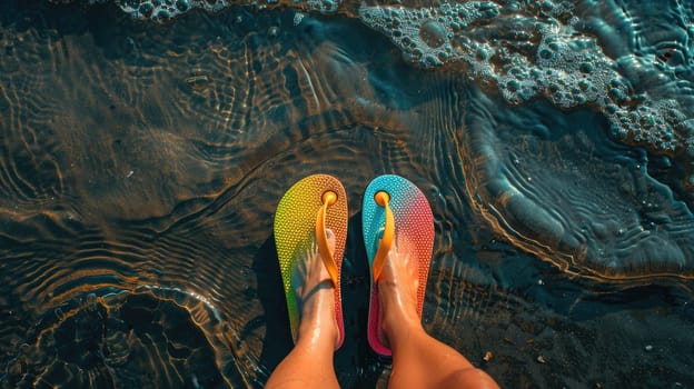 A pair of flip flops in electric blue sit on the beach next to the azure ocean, signifying leisure and happiness in sportswear art AIG50