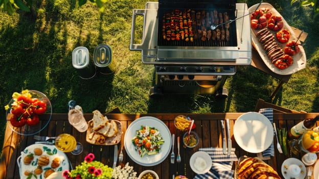 An overhead view of a table set with delicious cuisine and a barbecue grill, surrounded by lush green grass in a picturesque landscape setting AIG50