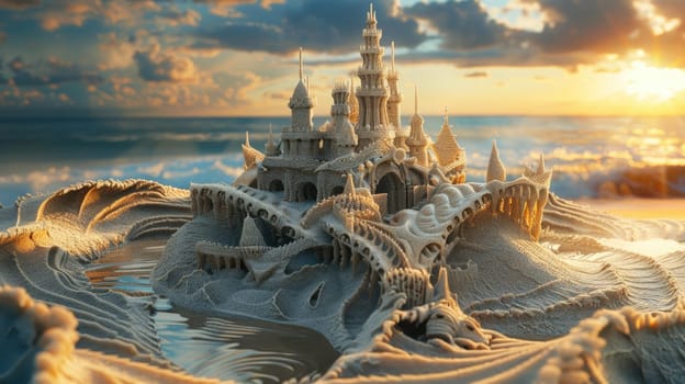 A magnificent sand castle stands tall on the beach, surrounded by the breathtaking natural landscape of the sunset sky, water, and plant life AIG50