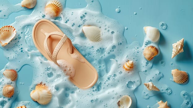 An electric blue flip flop is peacefully floating in the azure water, encircled by seashells, creating a beautiful natural art composition AIG50