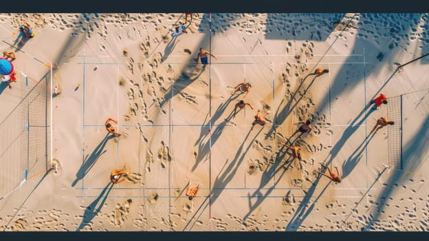An artistic aerial shot captures people strolling on a beach, casting electric blue shadows on the sandy slope, creating a stunning pattern resembling terrestrial animal prints AIG50