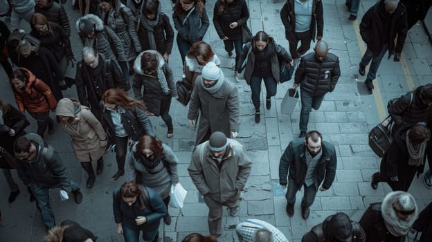 A large crowd of people is walking down a busy city street during the day. AIG51A.