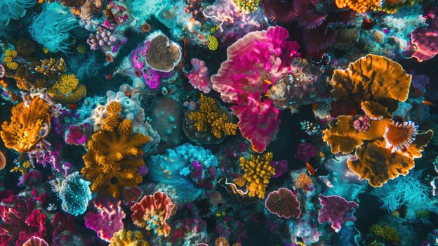 An electric blue painting of a coral reef with vibrant sponges and corals, showcasing the beauty of marine organisms through art and entertainment AIG50