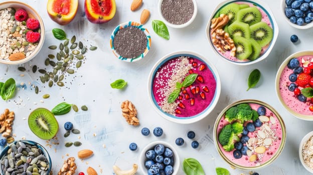 A selection of bowls filled with a variety of fruits and nuts displayed on a table, perfect as finger food or garnish for a sweet dish. Ingredients for a delicious and nutritious recipe AIG50