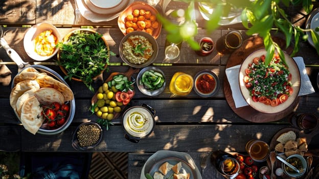 A variety of dishes showcasing different cuisines and ingredients are displayed on the table, highlighting the art of food preparation using natural foods and produce AIG50