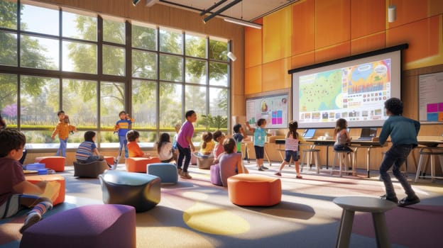 A group of children are engaging in leisure activities in a building's recreation room with a large screen. AIG41