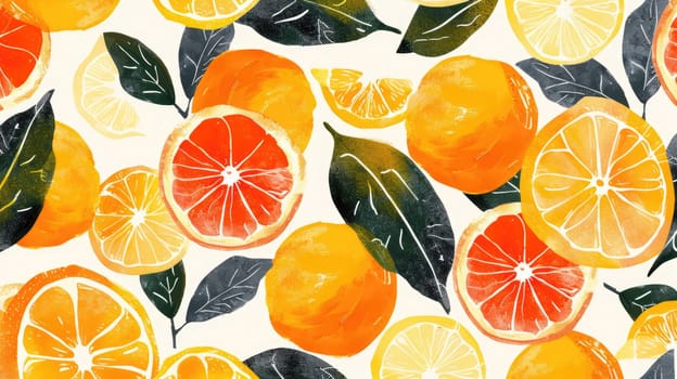 A seamless pattern featuring oranges, lemons, grapefruit, and Rangpur leaves on a white background. Perfect for kitchen tableware or citrusthemed products AIG50