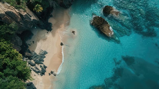An aerial view of a coastal beach with rocks, surrounded by electric blue water. Natural landscape with oceanic and fluvial landforms, including reefs and lakes AIG50