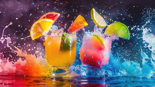 A colorful array of liquid paints splashes into the water, creating a beautiful painting resembling a natural landscape with petals, fruit, and drinkware AIG50