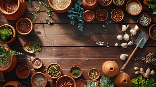 A wooden table adorned with flowerpots filled with plants and gardening tools, enhancing the landscape of a residential area AIG50