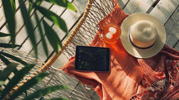 A hammock made from terrestrial plant fibers, under a tree on the beach, with a straw hat, a book, a cell phone, and a glass of orange juice AIG50