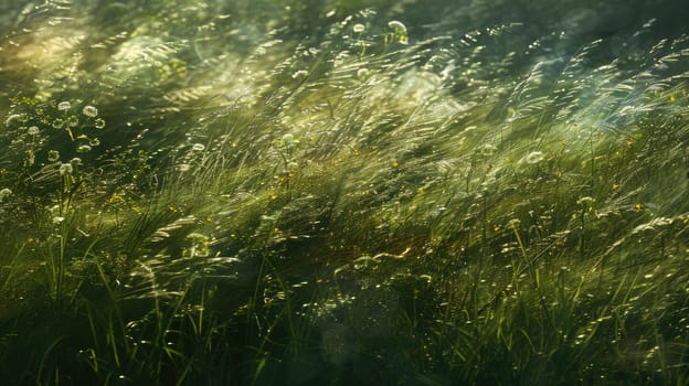 A closeup shot capturing the movement of tall terrestrial plants in a windy natural landscape. The grassland sways gracefully in the wind AIG50