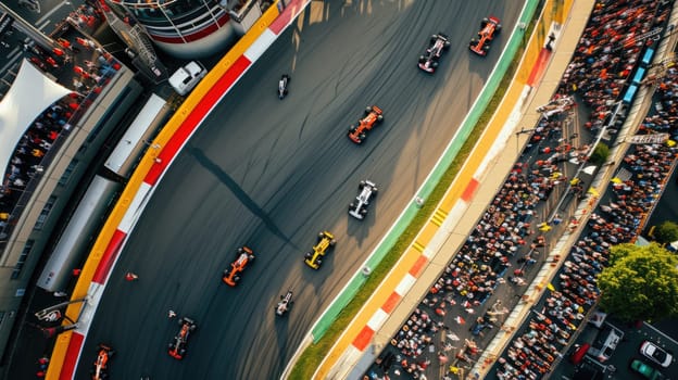 Aerial view of racing car driving car at race track surrounded with smart spectator cheering and watching the competition at grand stand. Top view of group of car racing along the race track. AIG42.