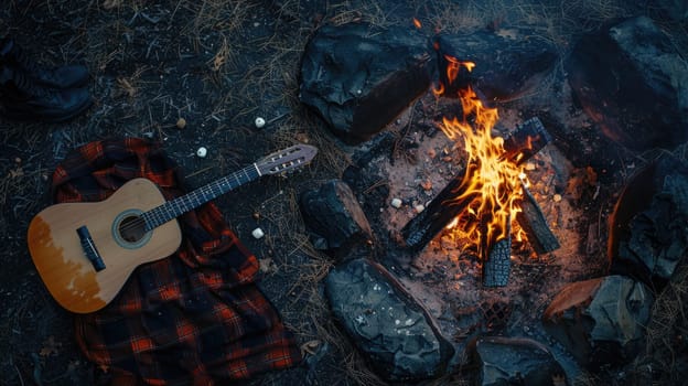 A Tartan guitar lies beside a blazing campfire, adding a touch of plaid pattern to the rustic setting. The warm glow of the fire creates a cozy atmosphere for recreational musicmaking AIG50