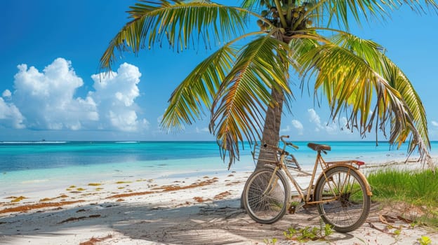 A bicycle with its tire against a palm tree on the beach, under a cloudy sky with water in the background, blending with nature AIG50