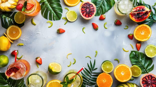A variety of fruits and vegetables, including Rangpur, yellow, and other ingredients, are beautifully arranged in a circle on a table for a vibrant and colorful dishware display AIG50