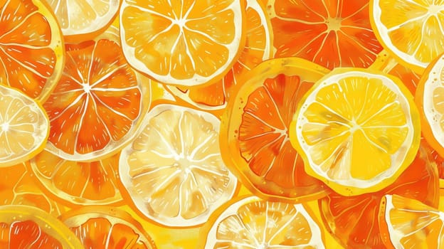A seamless pattern featuring oranges, lemons, grapefruit, and Rangpur leaves on a white background. Perfect for kitchen tableware or citrusthemed products AIG50