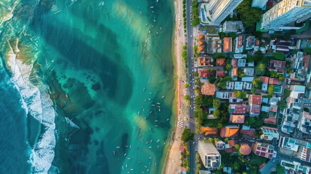 An aerial view of a city by the waterfront showcasing urban design, architectural buildings, and natural landscapes including condominiums, houses, and art installations AIG50