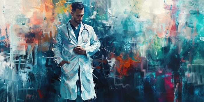 Professional scientist standing at camera while wearing white lab coat at laboratory with blurring background. Expert smart doctor standing at research center and planning for doing experiment. AIG42.