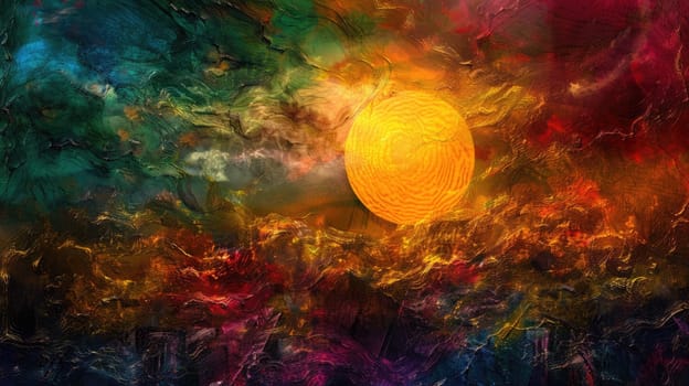 A stunning painting capturing a vibrant sunset with hues of orange and amber reflecting in the water, set against a backdrop of red sky and fluffy cumulus clouds AIG50