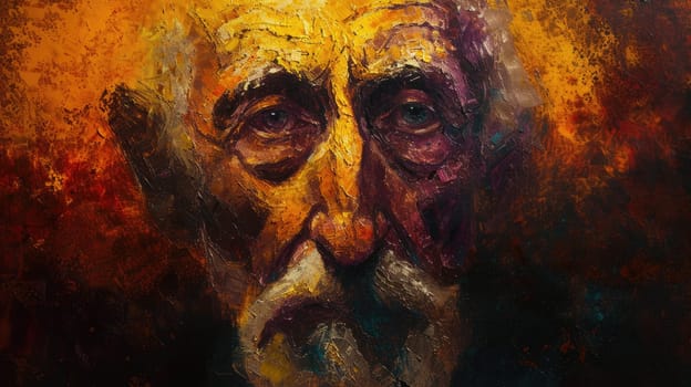 A portrait of creative realistic painting of old middle aged man with wrinkled face and was painted with vibrant brush. Represent emotional of upset, sorrow, unhappy. Modern impressionist art. AIG42.