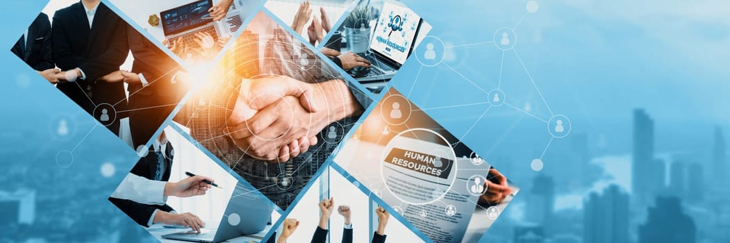 Teamwork and human resources HR management technology concept in corporate business with people group networking to support partnership, trust, teamwork and unity of coworkers in office kudos