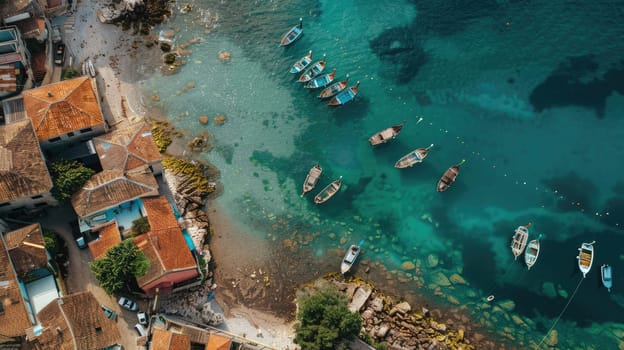 A stunning aerial view of a tropical island with boats floating in the crystalclear water, surrounded by lush greenery and palm trees AIG50