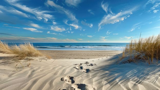 A tranquil painting of a sandy path leading to the ocean, with a cloudy sky above and the horizon blending into the natural coastal landscape AIG50