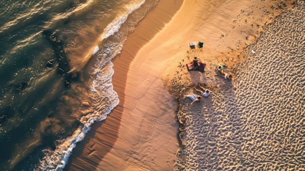 An aerial view of a group of people having a picnic on the beach, surrounded by vehicles, pollinators, insects, patterns in the landscape, woods, soil, terrestrial animals, wildlife, and beehives AIG50