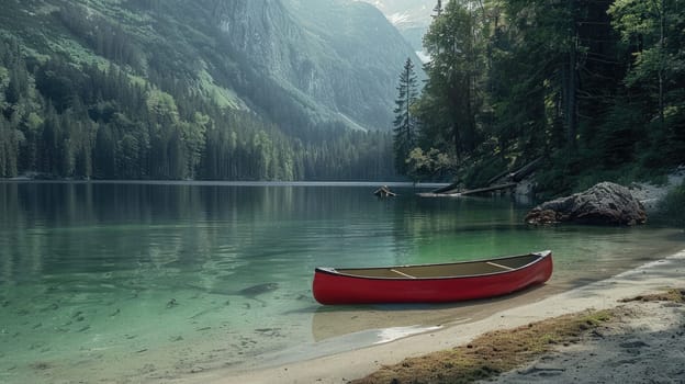 A red canoe is docked on the shore of a picturesque lake with majestic mountains towering in the background, surrounded by a serene natural landscape under a cloudy sky AIG50