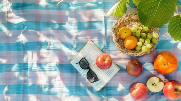 A plantbased picnic blanket with a variety of natural foods and a book on a beach with grass patterns, creating an artistic and relaxing atmosphere AIG50