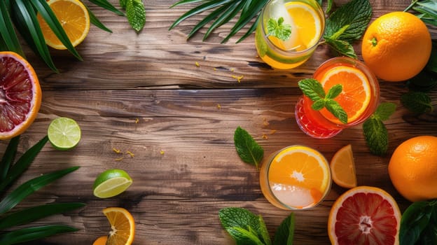 Various types of citrus fruits, in shades of yellow and green, are displayed on the table. A lively display of natures colors and flavors AIG50