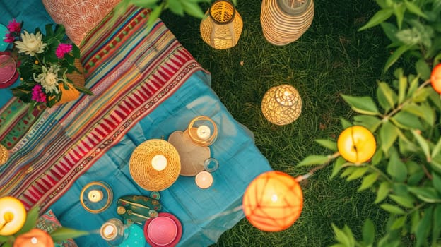 A group of people is gathered in a circle on blankets, surrounded by lanterns and lights, creating a beautifully illuminated space for a recreational event AIG50