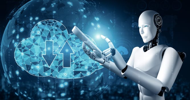 MLP 3d illustration AI robot using cloud computing technology to store data on online server. Futuristic concept of cloud information storage analyzed by machine learning process. 3D rendering illustration.