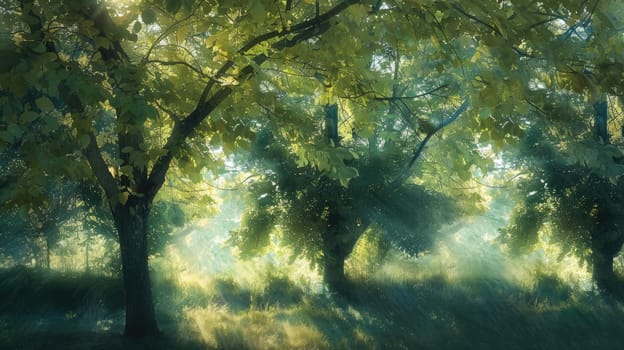 A beautiful painting depicting the sun shining through the trees in a park, illuminating the grass and creating a stunning natural landscape AIG50