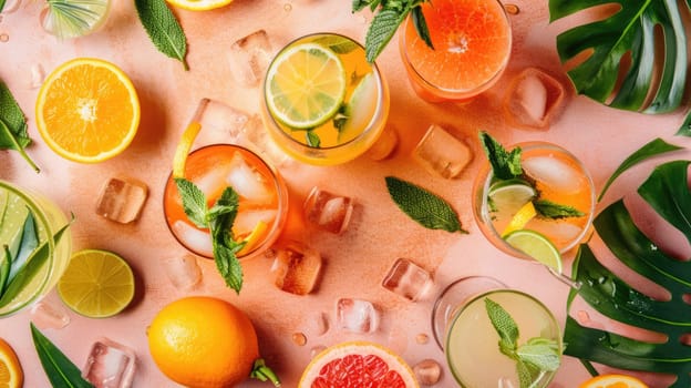 The table is adorned with a variety of fruits and leaves, including Rangpur, Hardy kiwi, and oranges. These natural foods can be used as ingredients in recipes AIG50