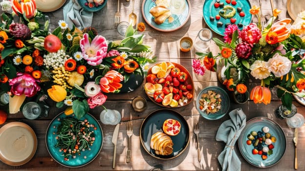 An artfully arranged table featuring a variety of dishes, garnished with fresh flowers. A beautiful display for sharing and enjoying delicious cuisine at a special event AIG50