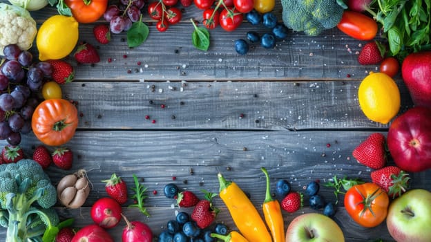 A hardwood table decorated with an assortment of fresh fruits and vegetables, capturing the beauty of local, whole foods in a stunning still life photography AIG50
