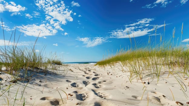 A tranquil painting of a sandy path leading to the ocean, with a cloudy sky above and the horizon blending into the natural coastal landscape AIG50