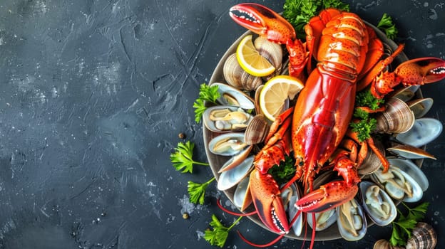 A dish of seafood featuring lobsters, shrimp, clams, and lemon slices presented on a table with exquisite tableware and garnished with leafy vegetables AIG50
