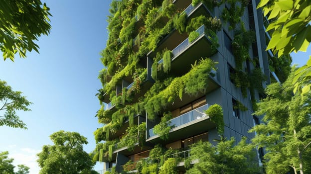 Architectural detail of an eco-friendly residential building with balconies lush with integrated greenery and sustainable design. AIG41