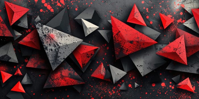 A 3D rendering of red and black triangles with a grunge texture. AIG51A.