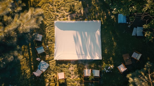 A group of people gathered in the forest around a large screen, surrounded by trees, shrubs, and grass. The landscape is filled with natural elements AIG50