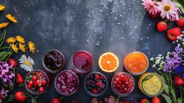 The table is adorned with a variety of colorful fruits and flowers, creating an artistic display of vibrant shades and sweet aromas AIG50
