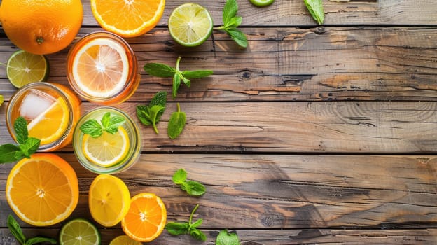 Various types of citrus fruits, in shades of yellow and green, are displayed on the table. A lively display of natures colors and flavors AIG50