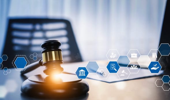 Smart law, legal advice icons and lawyer working tools in the lawyers office showing concept of digital law and online technology of savvy law and regulations .