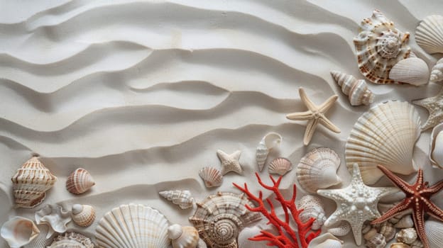 Liquid art event featuring macro photography of seashells, starfish, and arthropods on sandy beach. Patterns inspired by carmine petals and fictional characters in peach hues AIG50