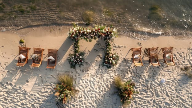 An aerial view of a beach wedding ceremony with chairs and flowers overlooking the water, surrounded by nature and plantfilled landscape AIG50